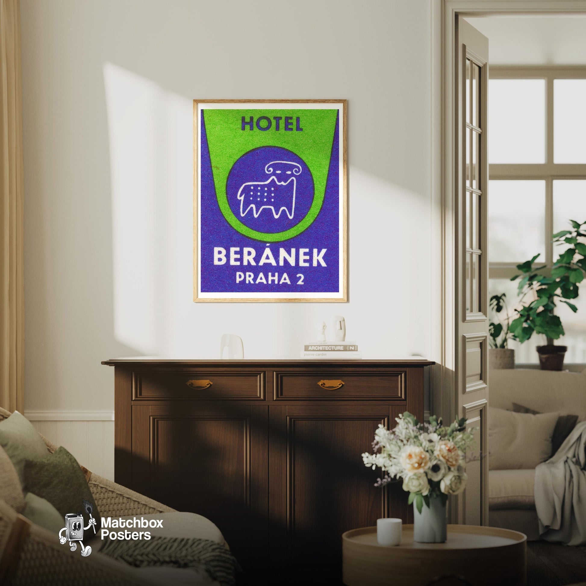 Ram Hotel - vintage matchbox label print - living room mockup