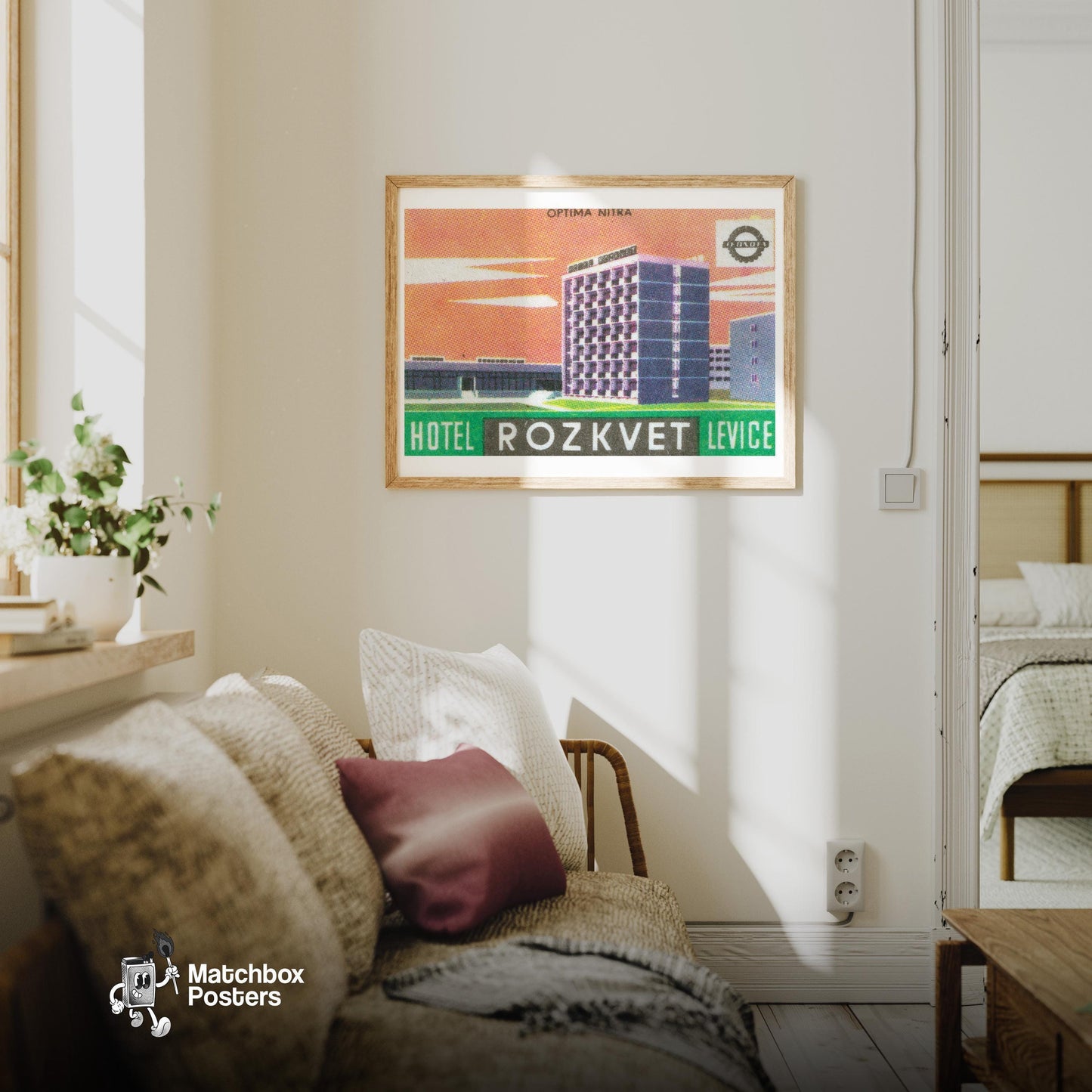 City Hotel - vintage matchbox label print - living room mockup