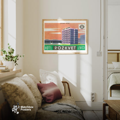 City Hotel - vintage matchbox label print - living room mockup