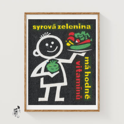 Cartoon Figure with Vegetables - vintage matchbox label print