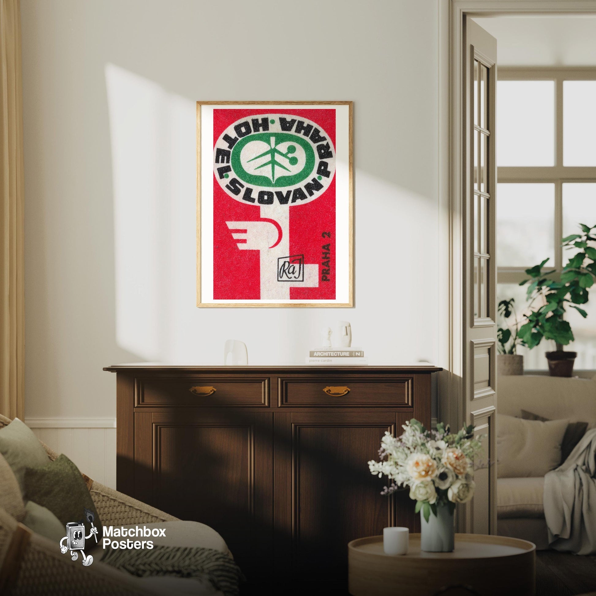 Green Leaf - vintage matchbox label print - living room mockup