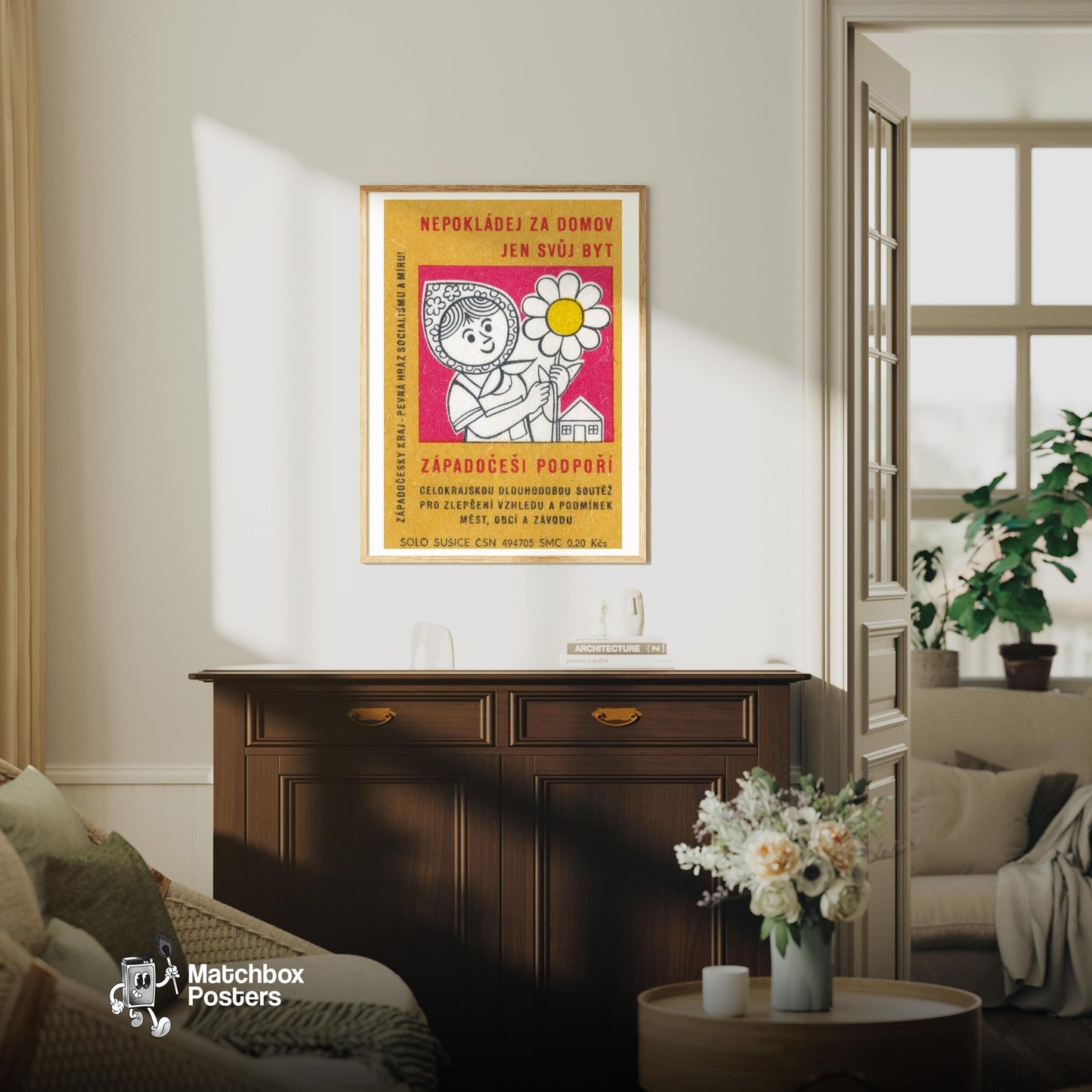 Woman Gardening - vintage matchbox label print - living room mockup