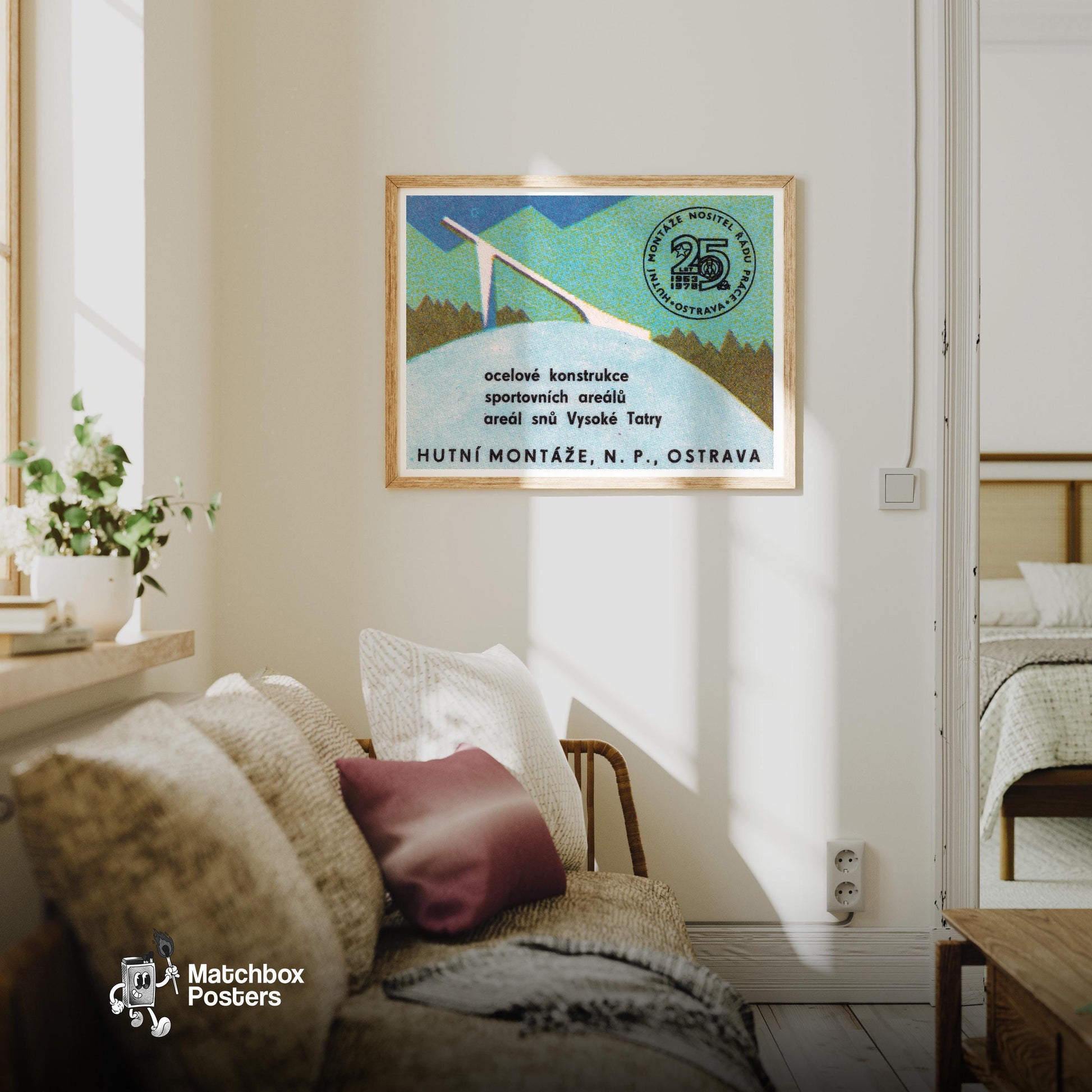 Steel Construction - vintage matchbox label print - living room mockup