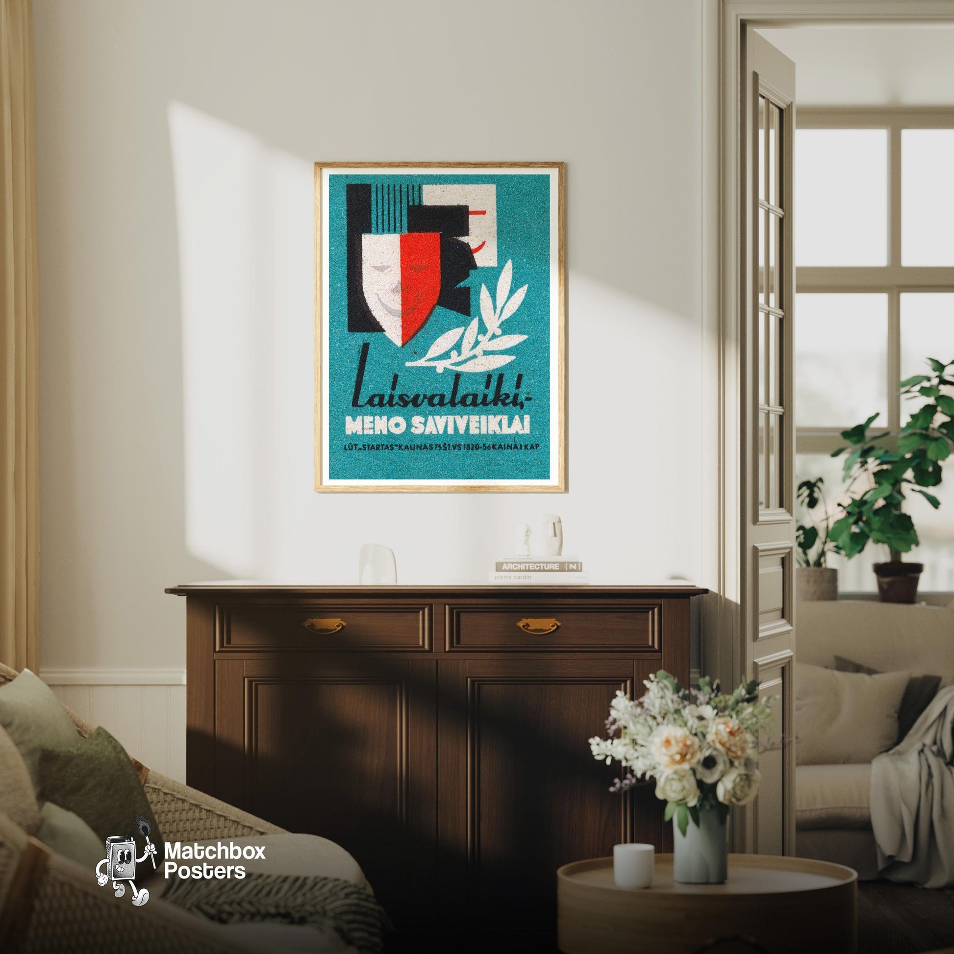 Theatrical Masks - vintage matchbox label print - living room mockup