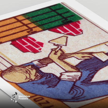 Brick Worker - vintage matchbox label print - close-up detail