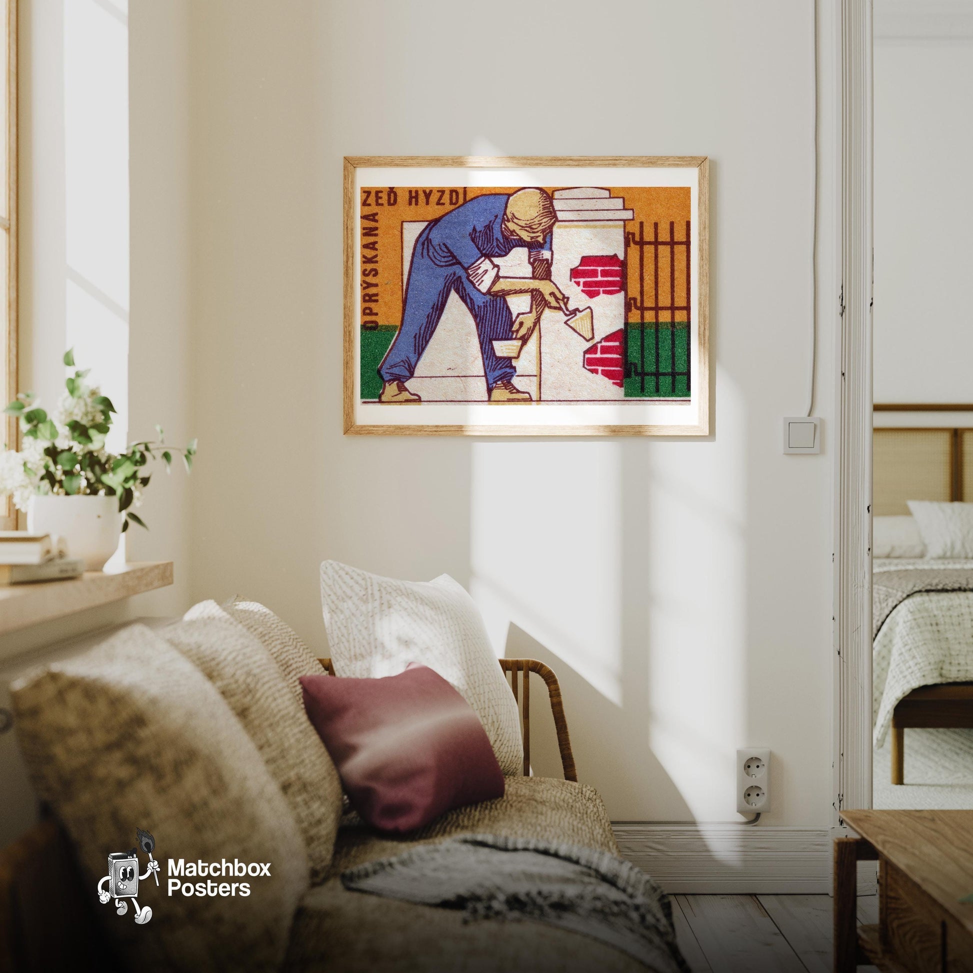 Brick Worker - vintage matchbox label print - living room mockup
