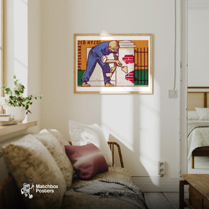 Brick Worker - vintage matchbox label print - living room mockup