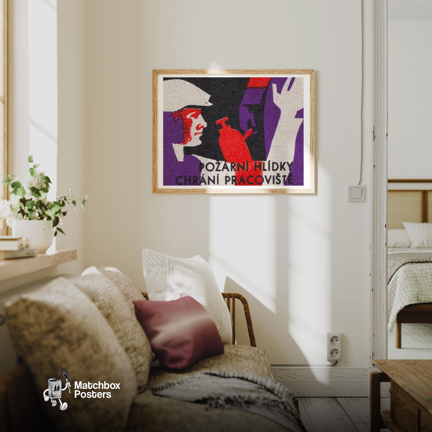 Firefighter - vintage matchbox label print - living room mockup
