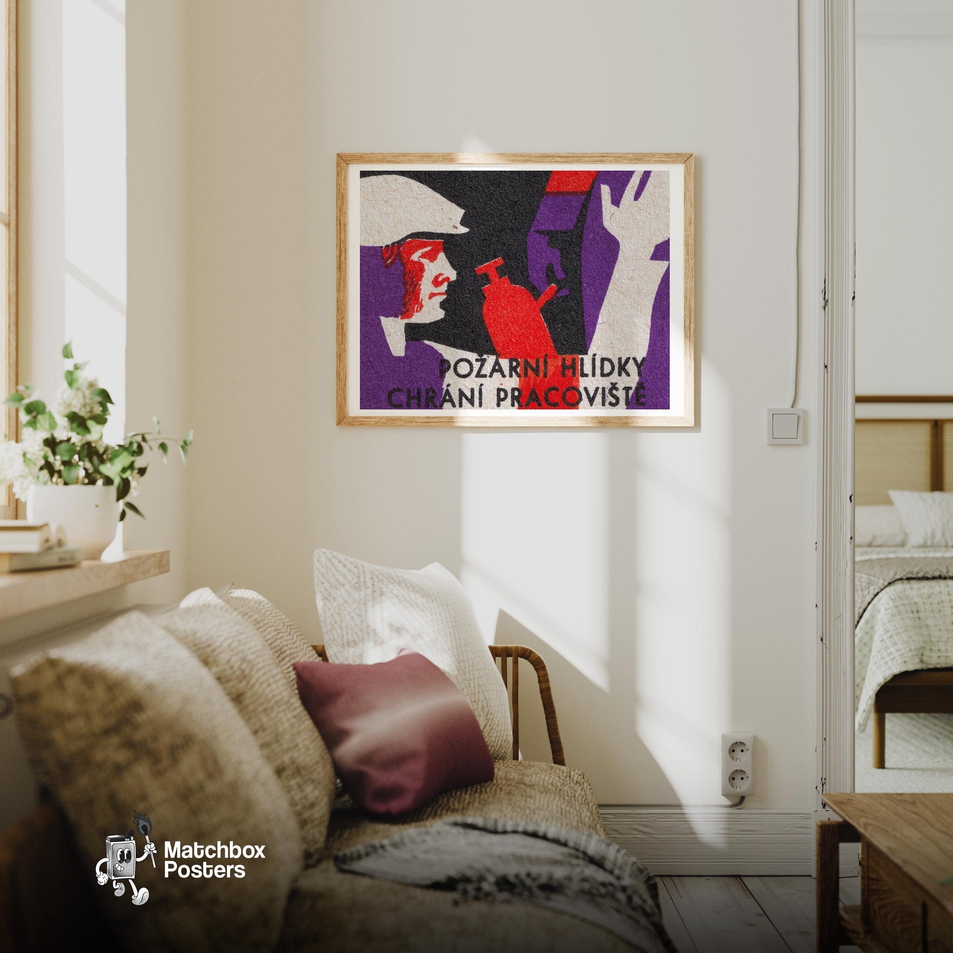 Firefighter - vintage matchbox label print - living room mockup