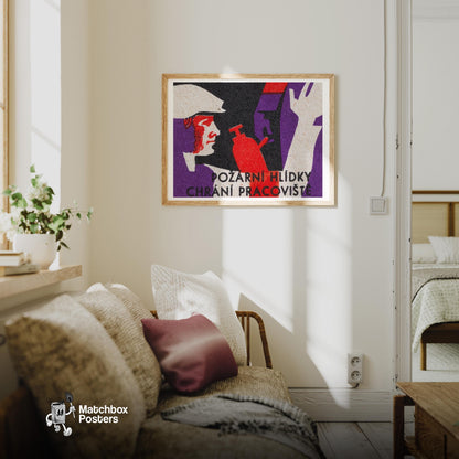 Firefighter - vintage matchbox label print - living room mockup
