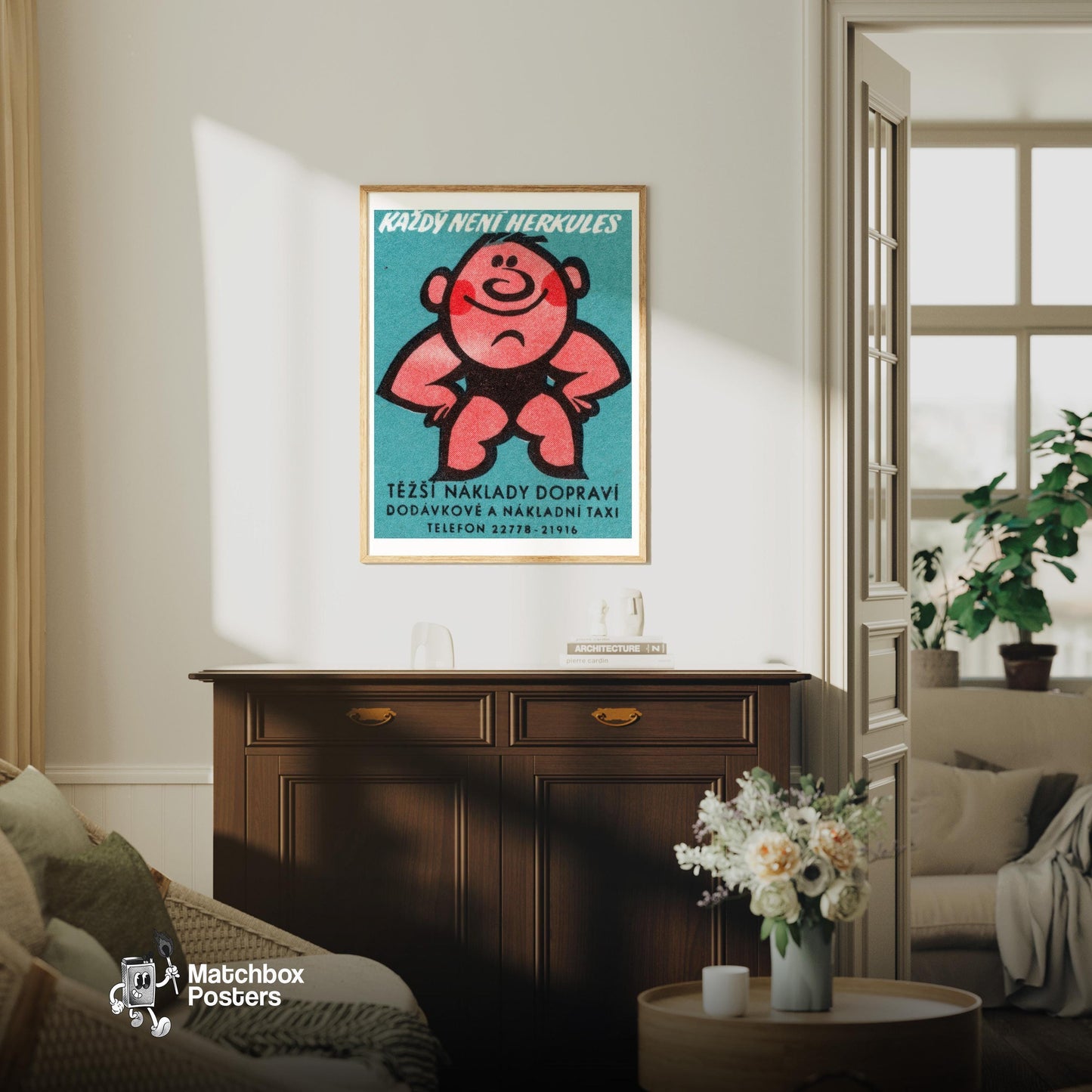Strongman - vintage matchbox label print - living room mockup