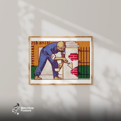Brick Worker - vintage matchbox label print - bedroom mockup