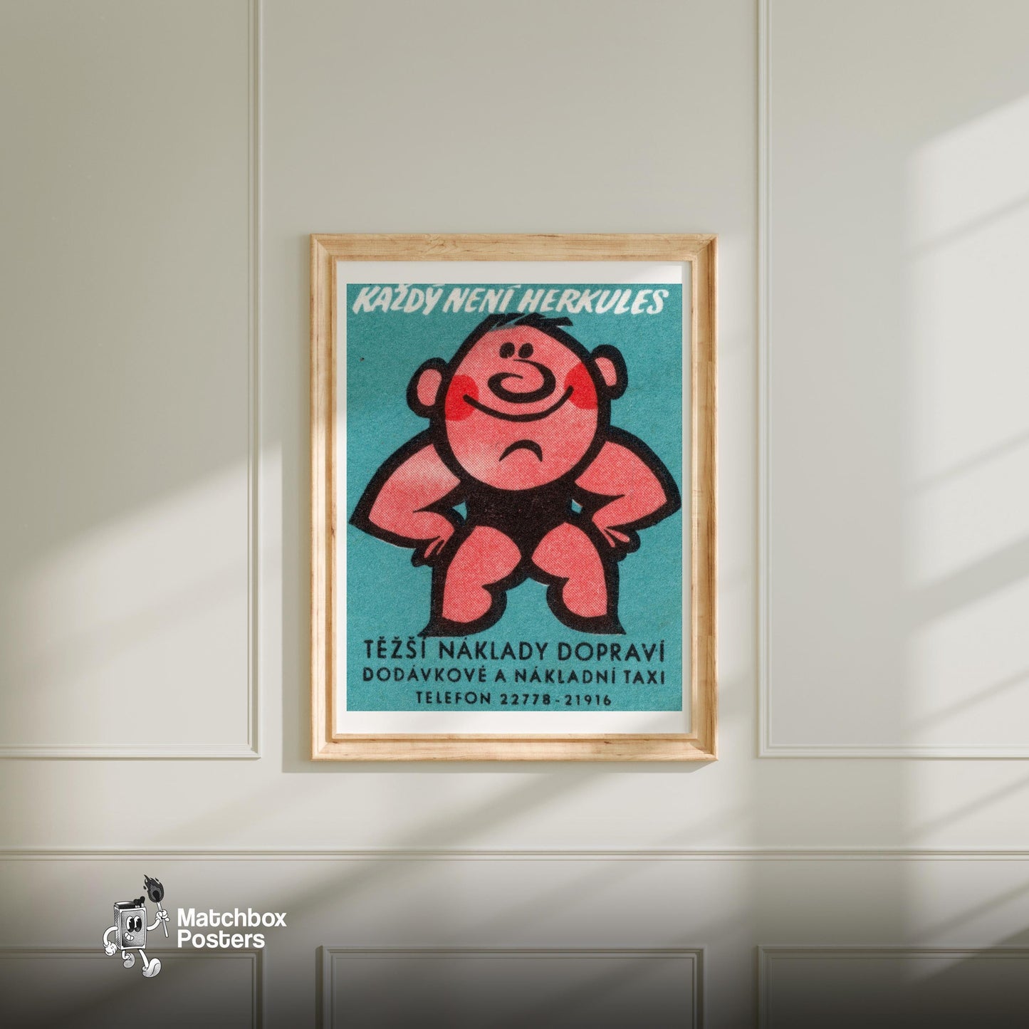 Strongman - vintage matchbox label print - bedroom mockup