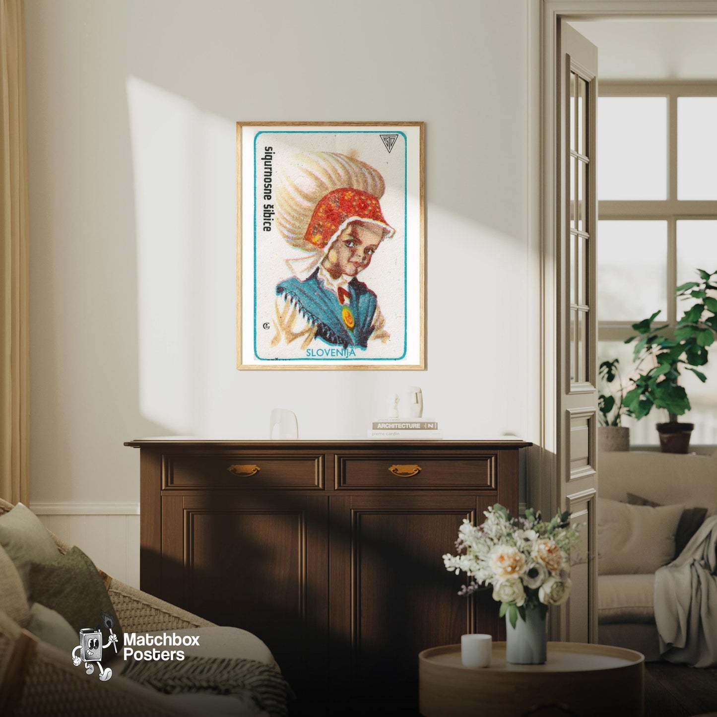Slovenian Girl - vintage matchbox label print - living room mockup