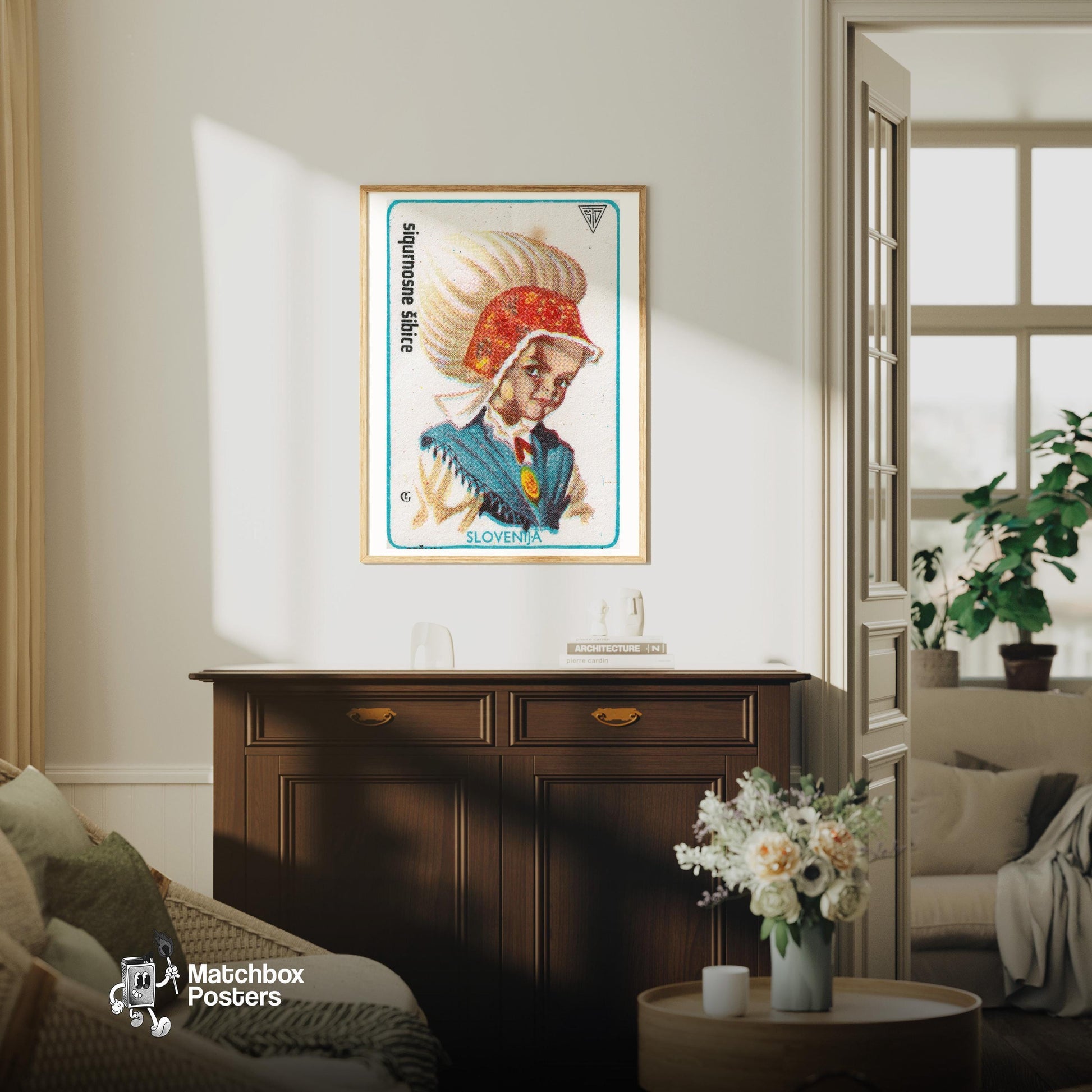 Slovenian Girl - vintage matchbox label print - living room mockup