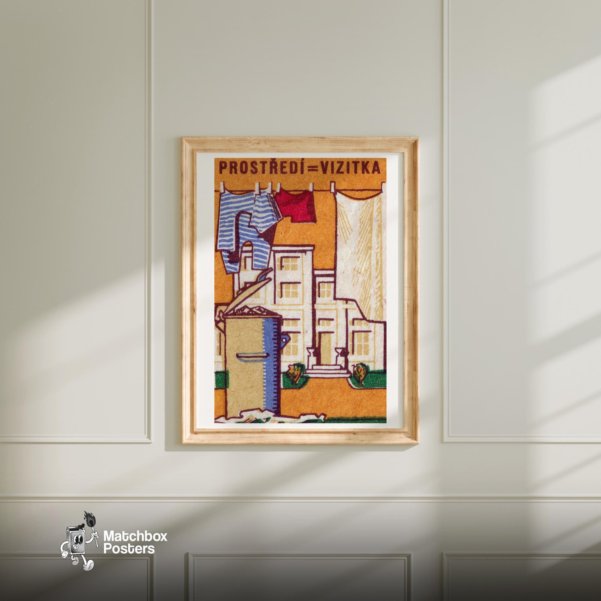 Hanging Laundry - vintage matchbox label print - bedroom mockup