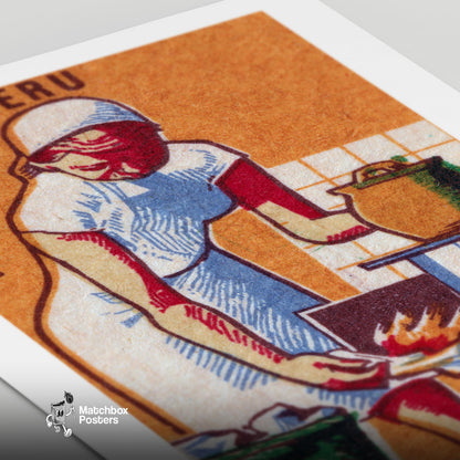 Woman Lighting Stove - vintage matchbox label print - close-up detail
