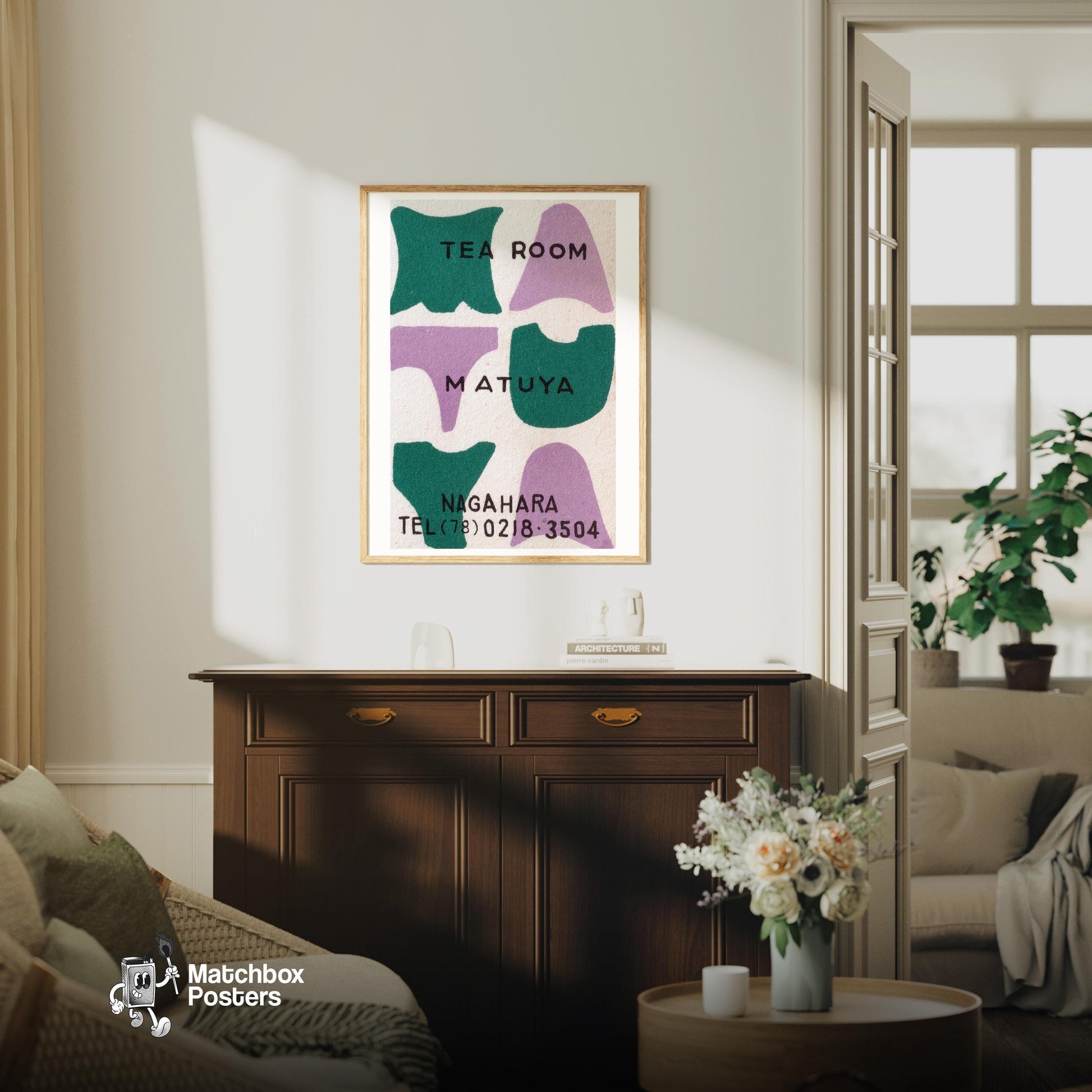 Matuya Tea Room - vintage matchbox label print - living room mockup