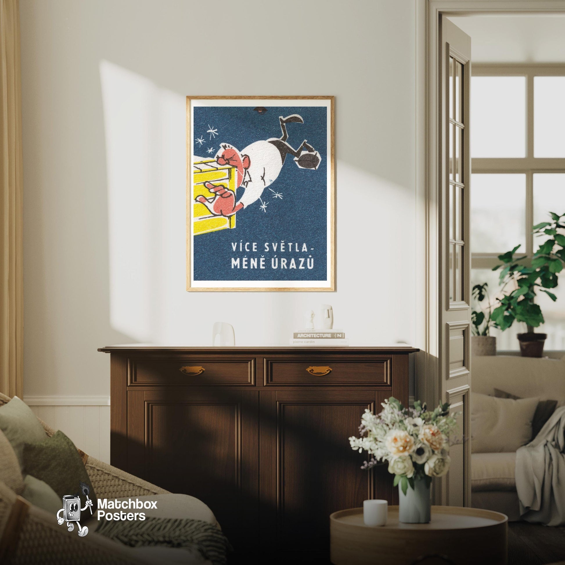 More Light, Less Injury - vintage matchbox label print - living room mockup