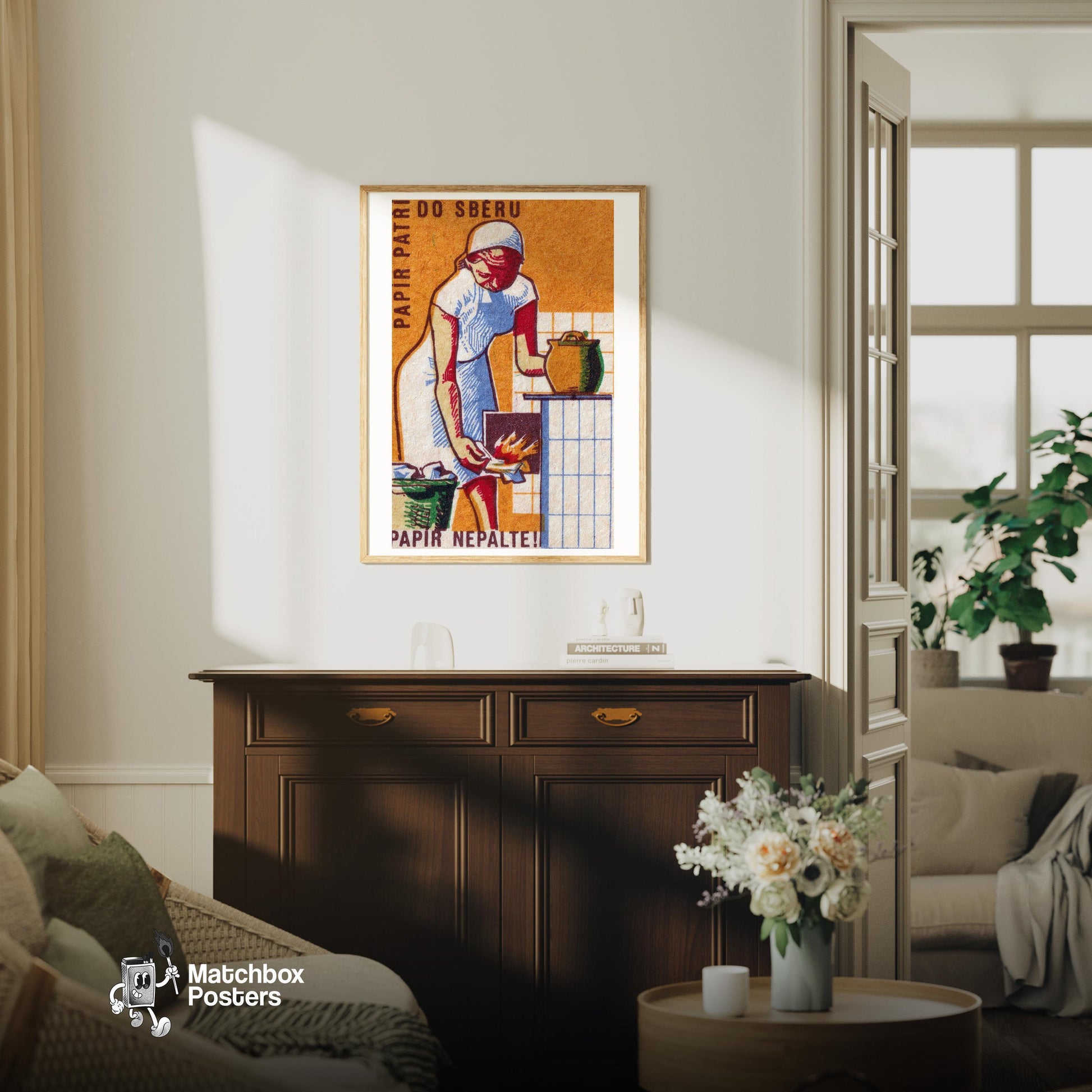 Woman Lighting Stove - vintage matchbox label print - living room mockup