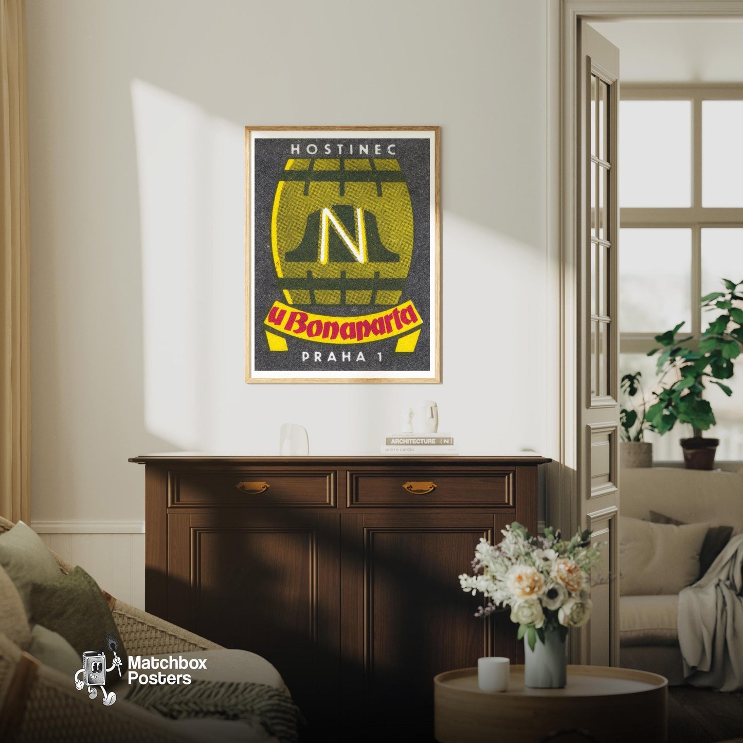 Napoleon Bonaparte Inn - vintage matchbox label print - living room mockup