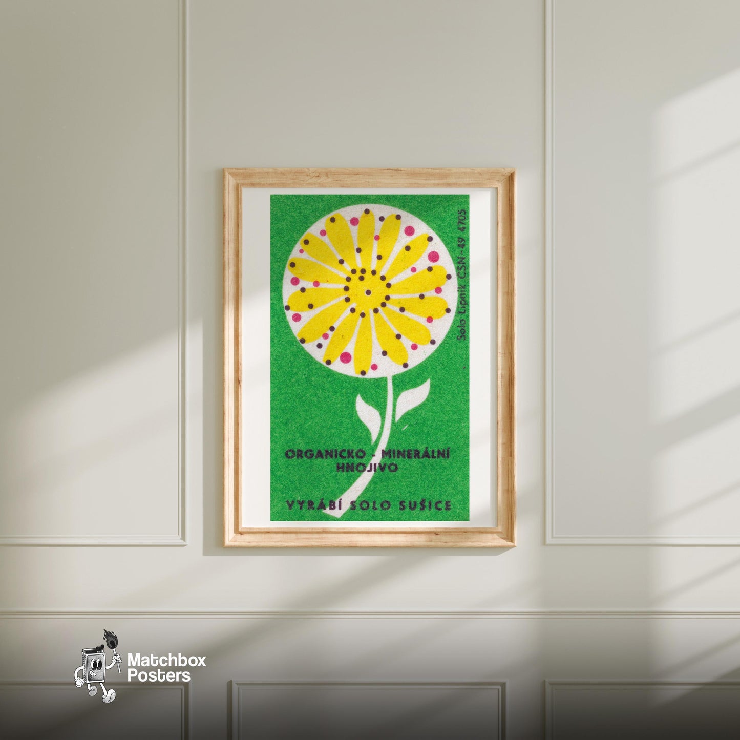 Stylized Yellow Flower - vintage matchbox label print - bedroom mockup