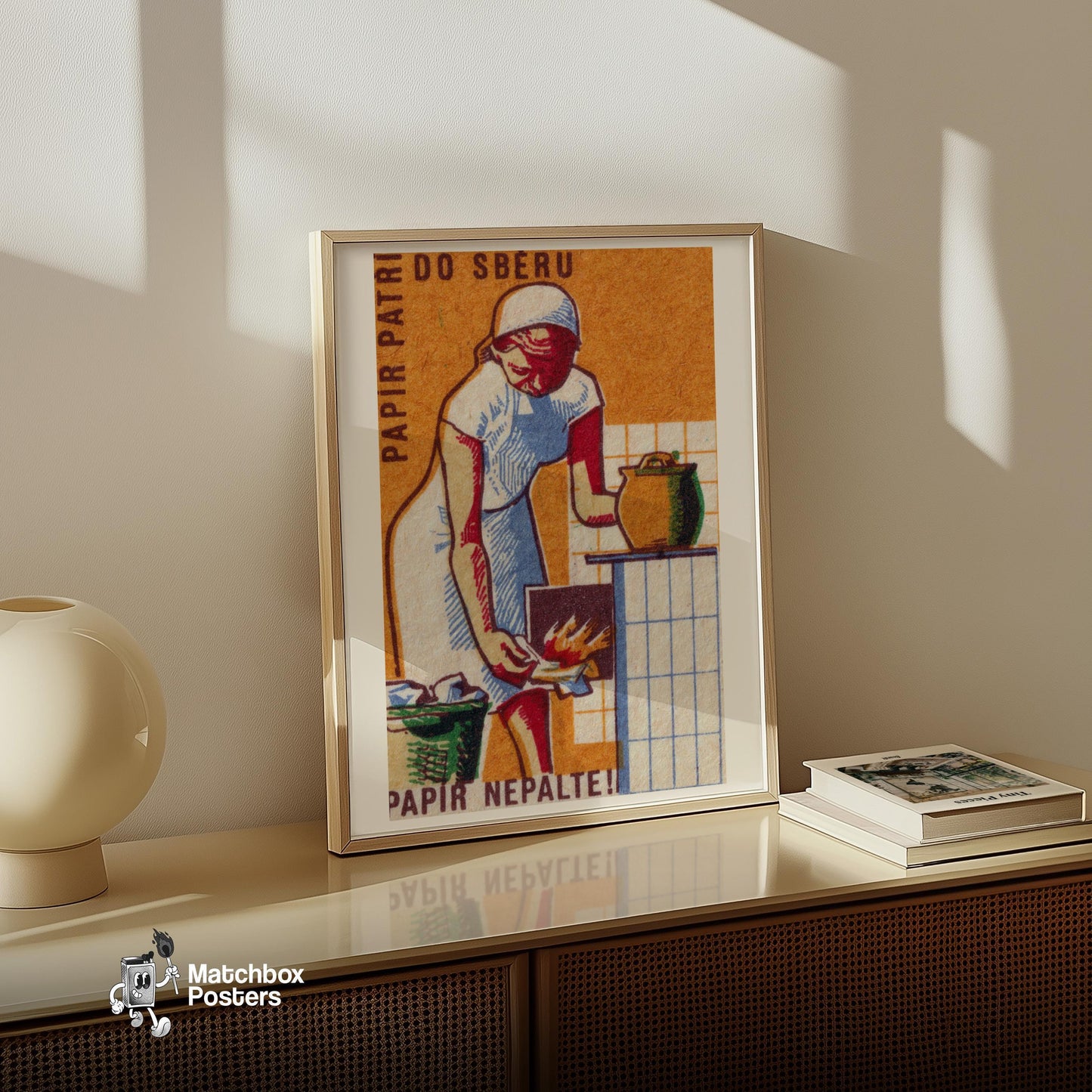 Woman Lighting Stove - vintage matchbox label print - size comparison