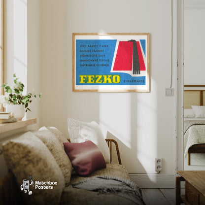 Illustration Of A Red Fez - vintage matchbox label print - living room mockup