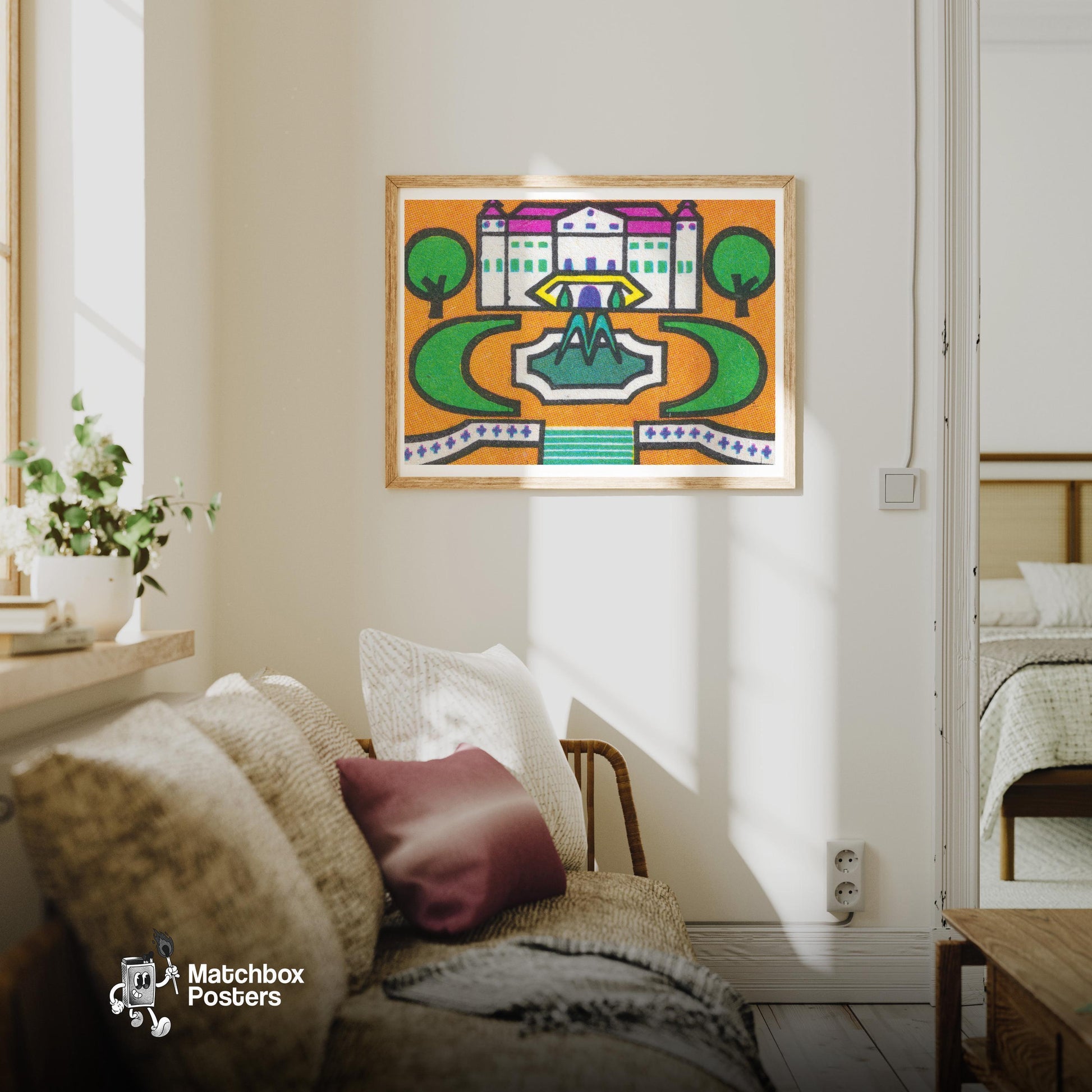 Palace Gardens - vintage matchbox label print - living room mockup