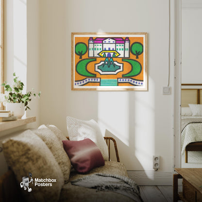 Palace Gardens - vintage matchbox label print - living room mockup
