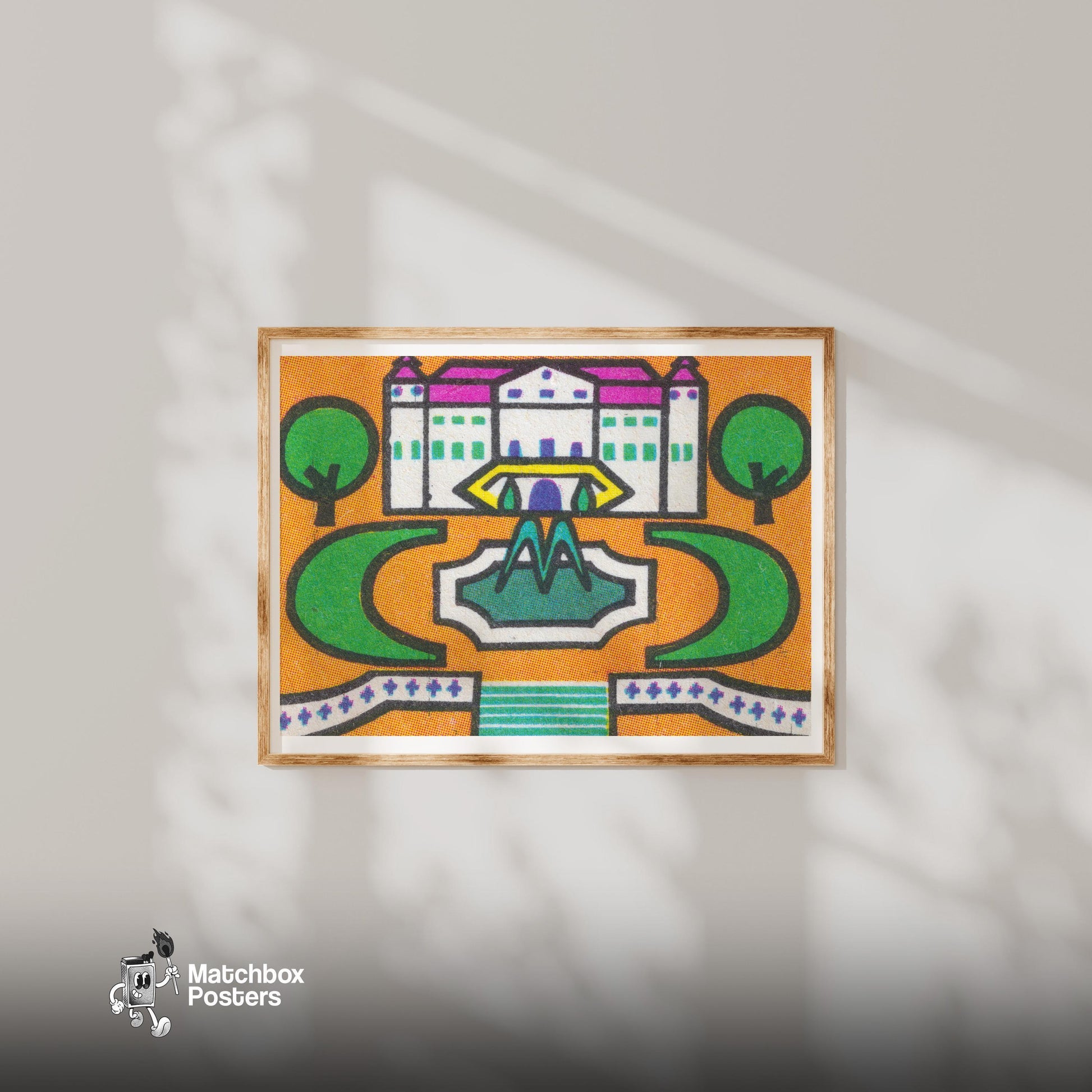 Palace Gardens - vintage matchbox label print - bedroom mockup