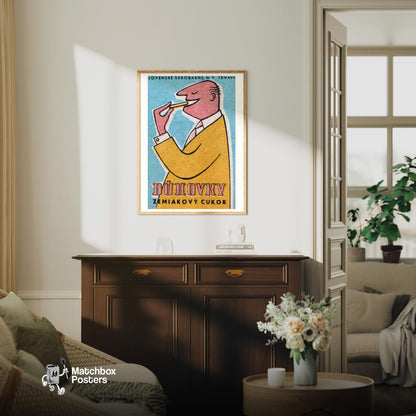 Man Eating Biscuit - vintage matchbox label print - living room mockup