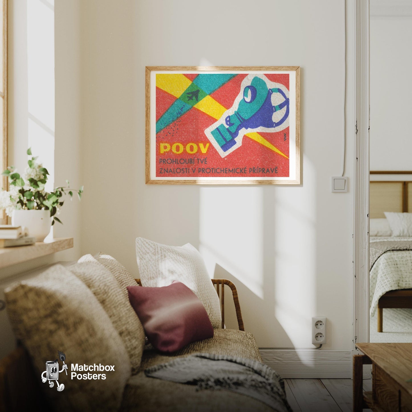 Gas Mask - vintage matchbox label print - living room mockup