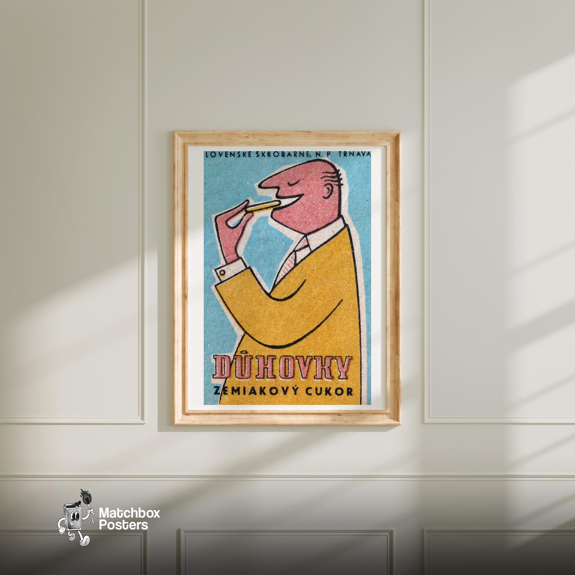 Man Eating Biscuit - vintage matchbox label print - bedroom mockup