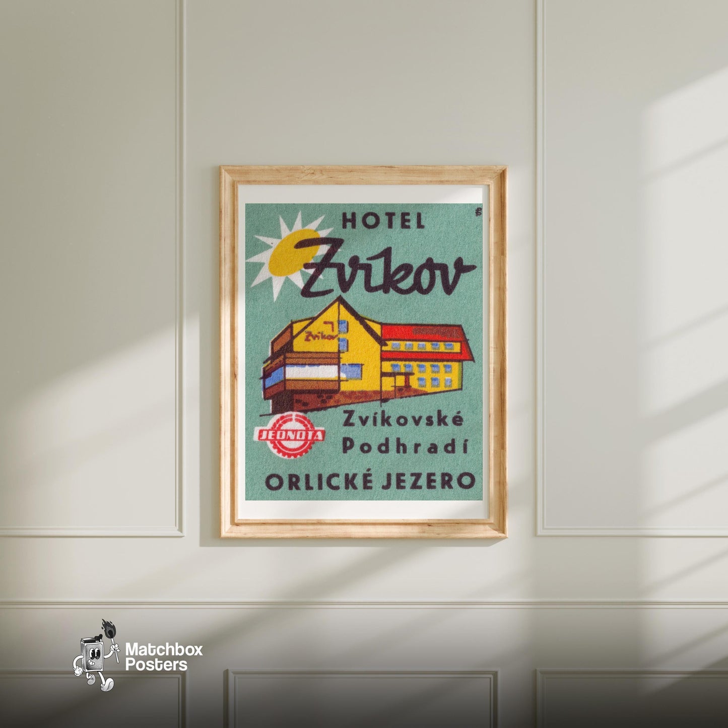 Hotel Zvikov - vintage matchbox label print - bedroom mockup