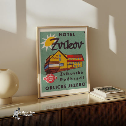 Hotel Zvikov - vintage matchbox label print - size comparison