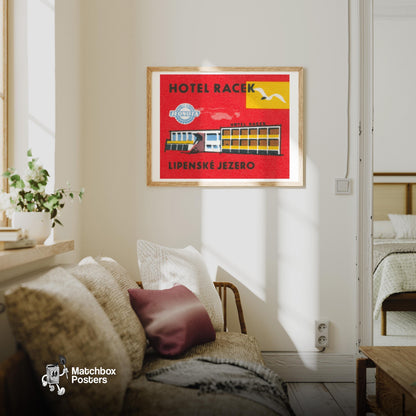 Hotel Racek - vintage matchbox label print - living room mockup