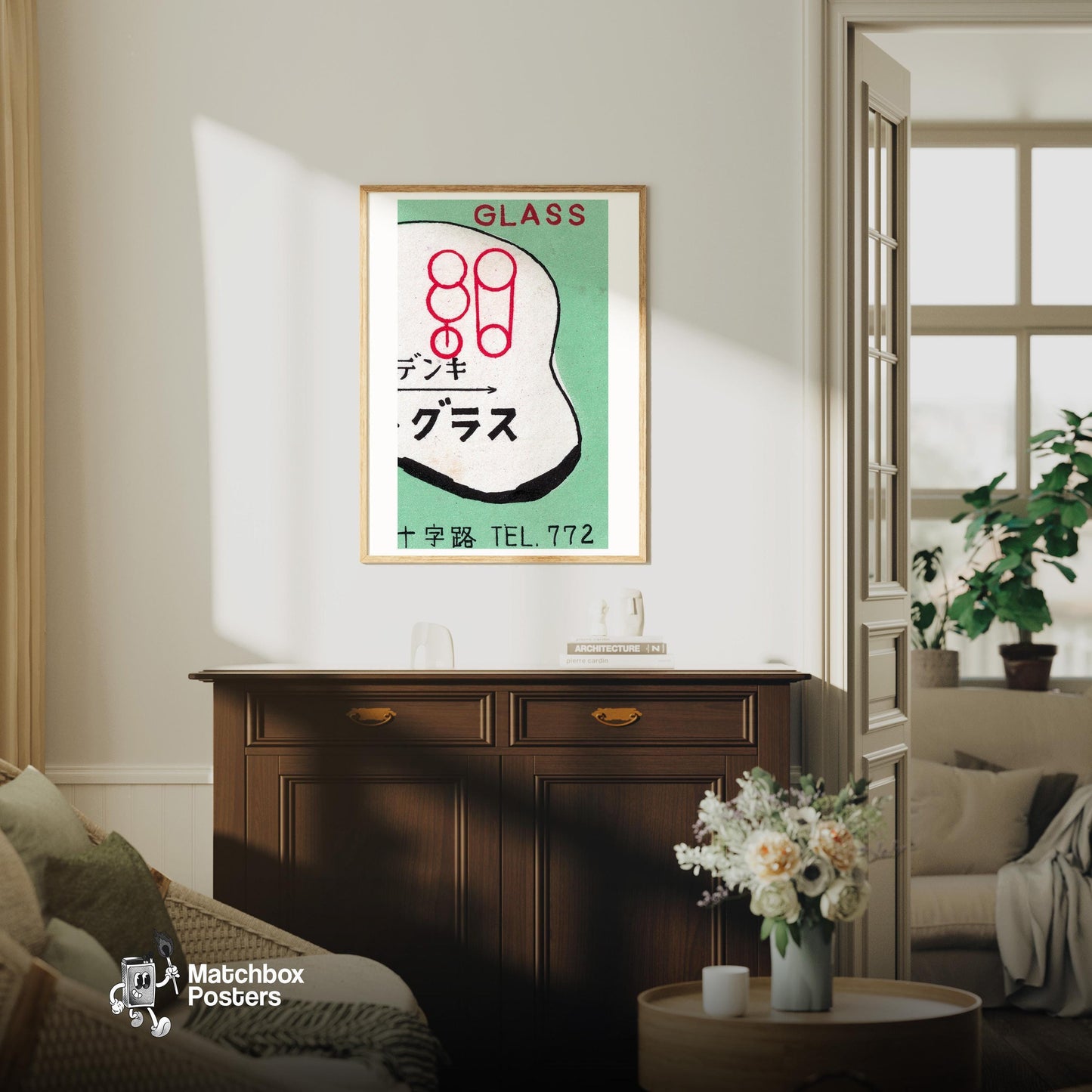 Japanese Glass Company - vintage matchbox label print - living room mockup