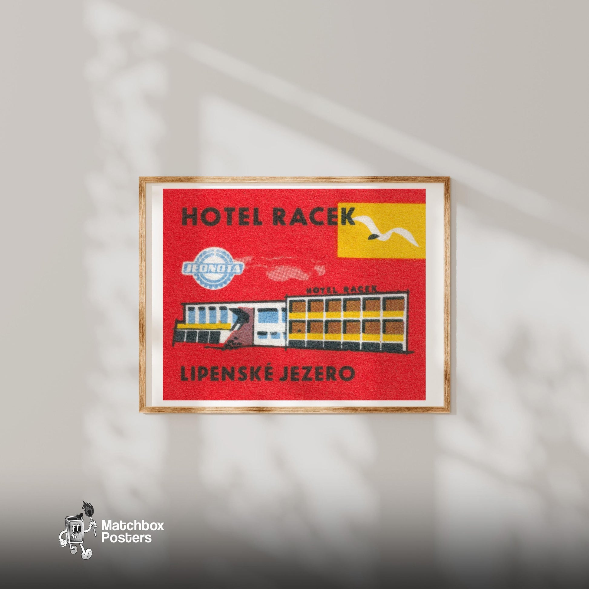 Hotel Racek - vintage matchbox label print - bedroom mockup
