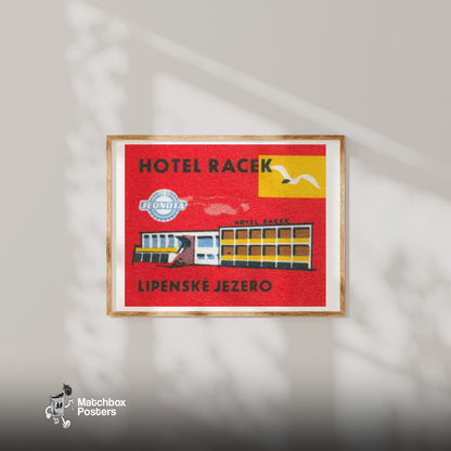 Hotel Racek - vintage matchbox label print - bedroom mockup