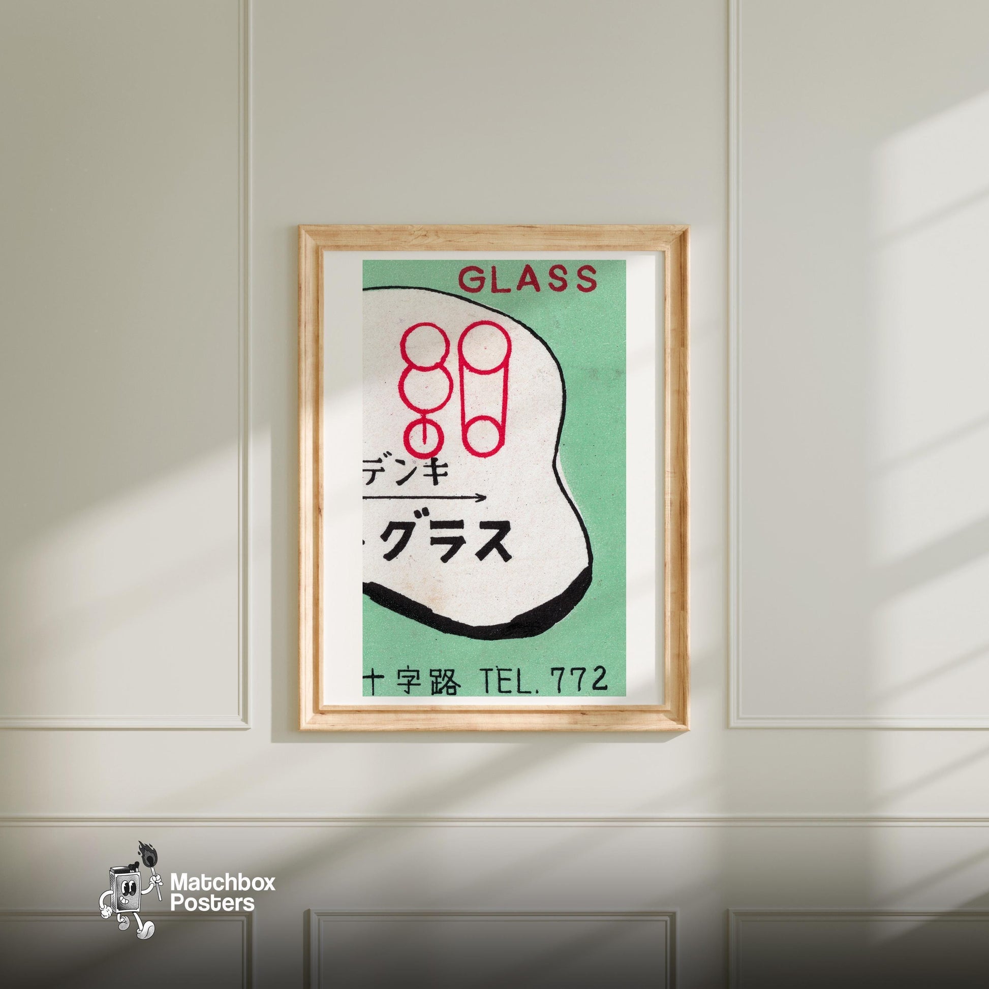 Japanese Glass Company - vintage matchbox label print - bedroom mockup
