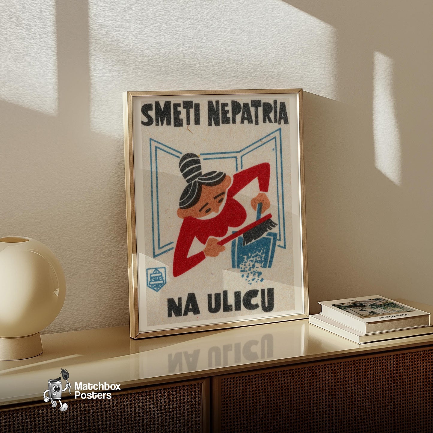 Woman Sweeping - vintage matchbox label print - size comparison