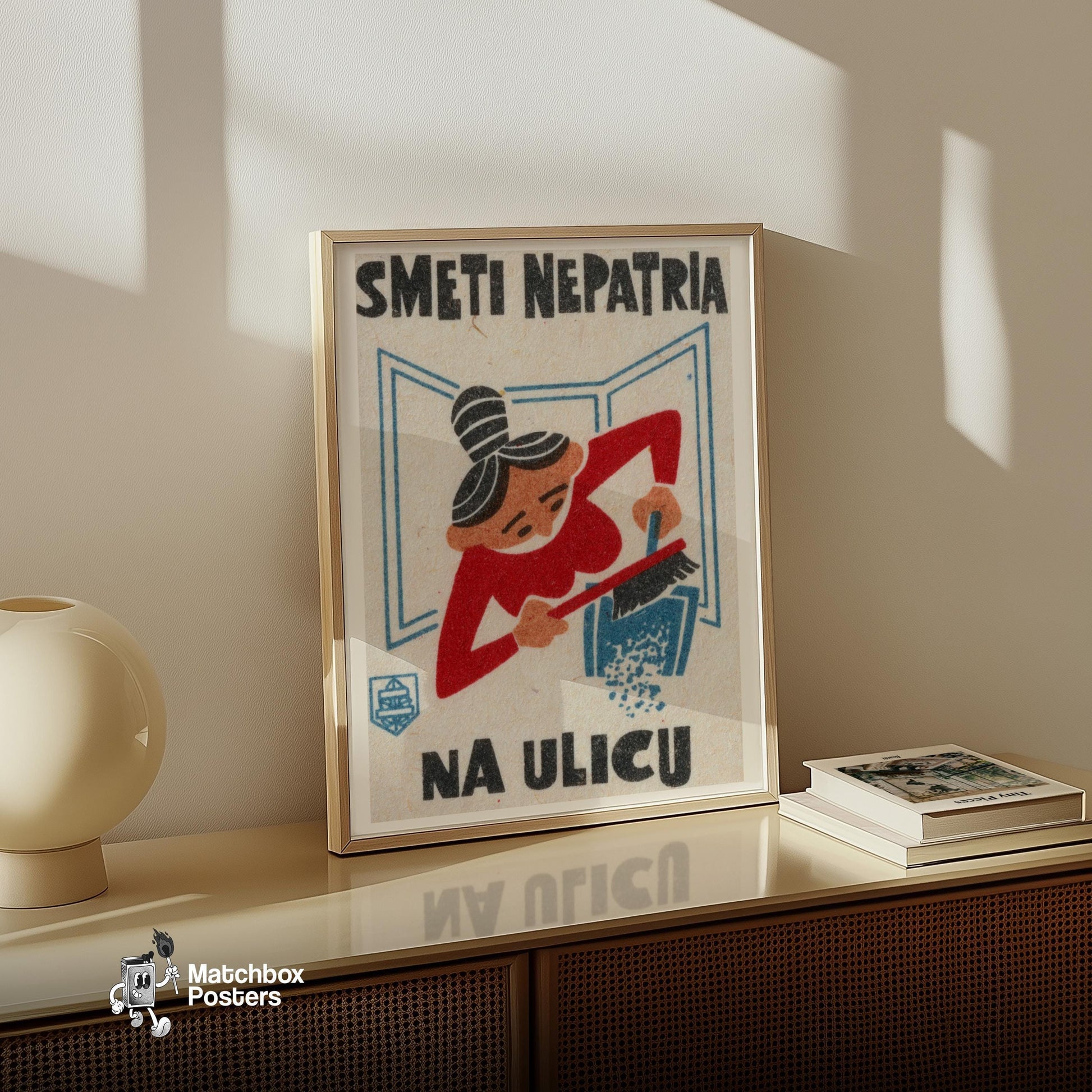Woman Sweeping - vintage matchbox label print - size comparison