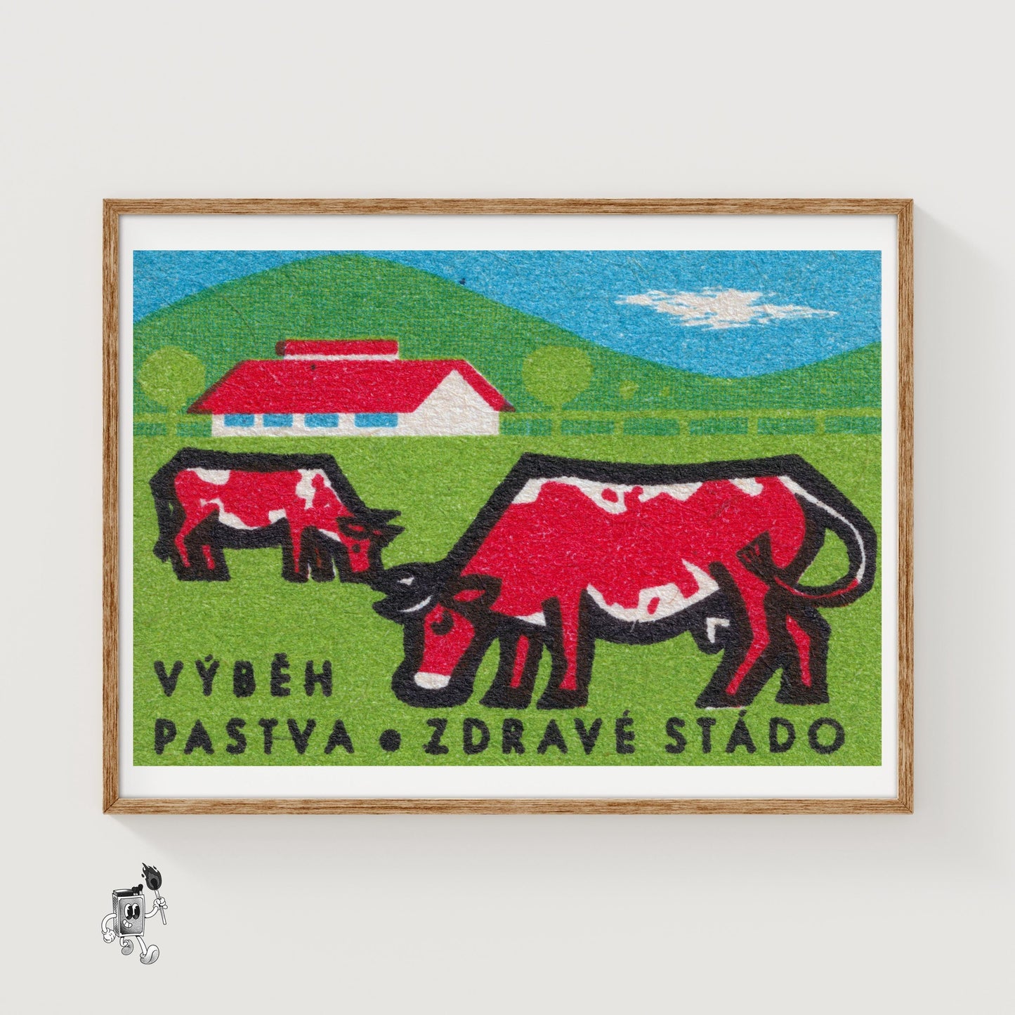 Grazing Cows - vintage matchbox label print
