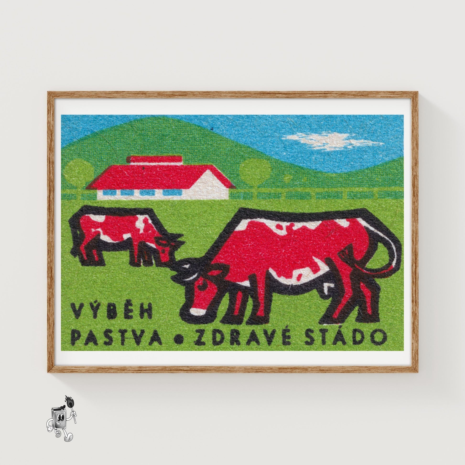 Grazing Cows - vintage matchbox label print