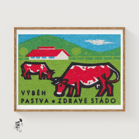 Grazing Cows - vintage matchbox label print