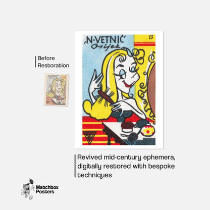 Blonde Woman Brushing Hair - vintage matchbox label print - framed wall art preview