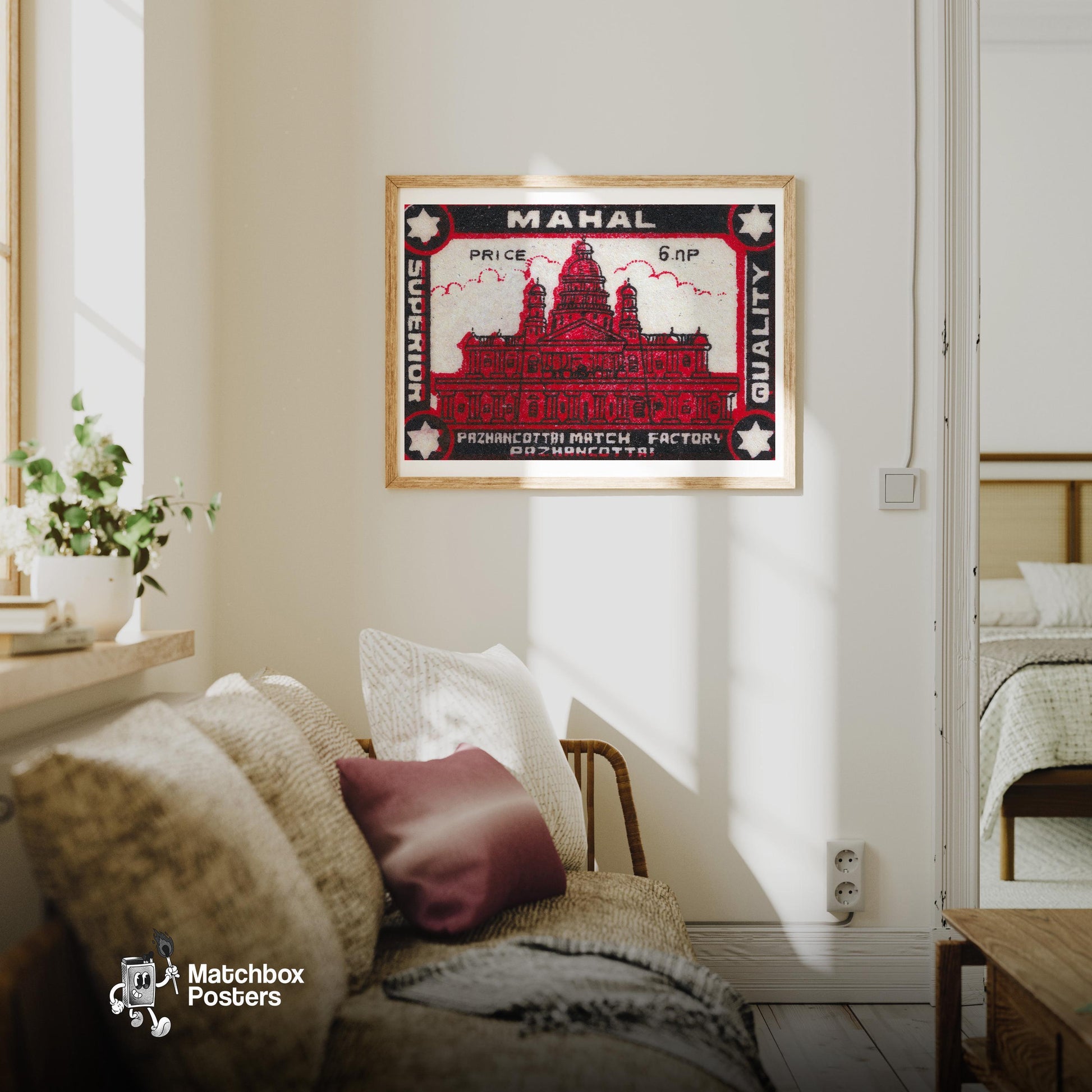 Taj Mahal - vintage matchbox label print - living room mockup
