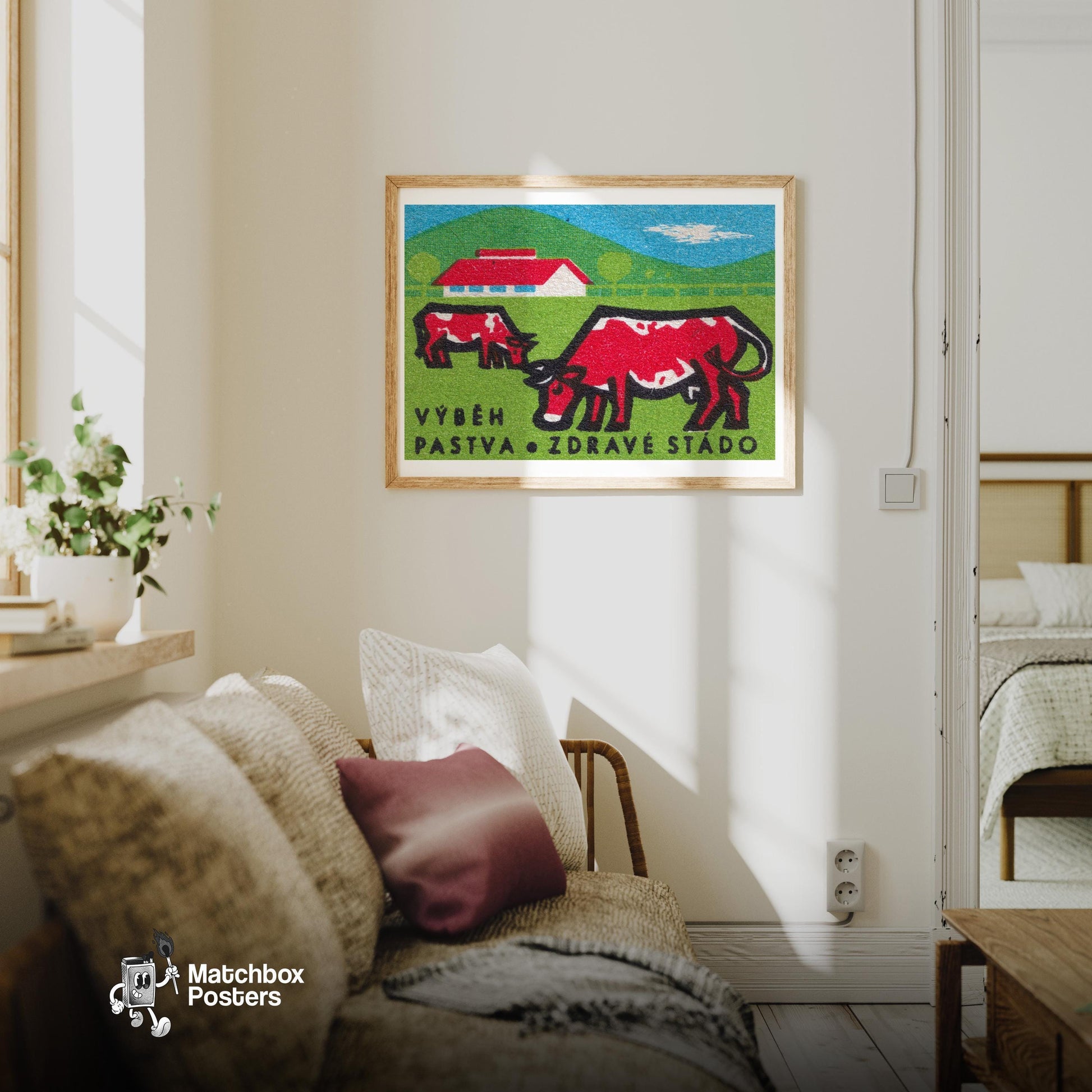 Grazing Cows - vintage matchbox label print - living room mockup