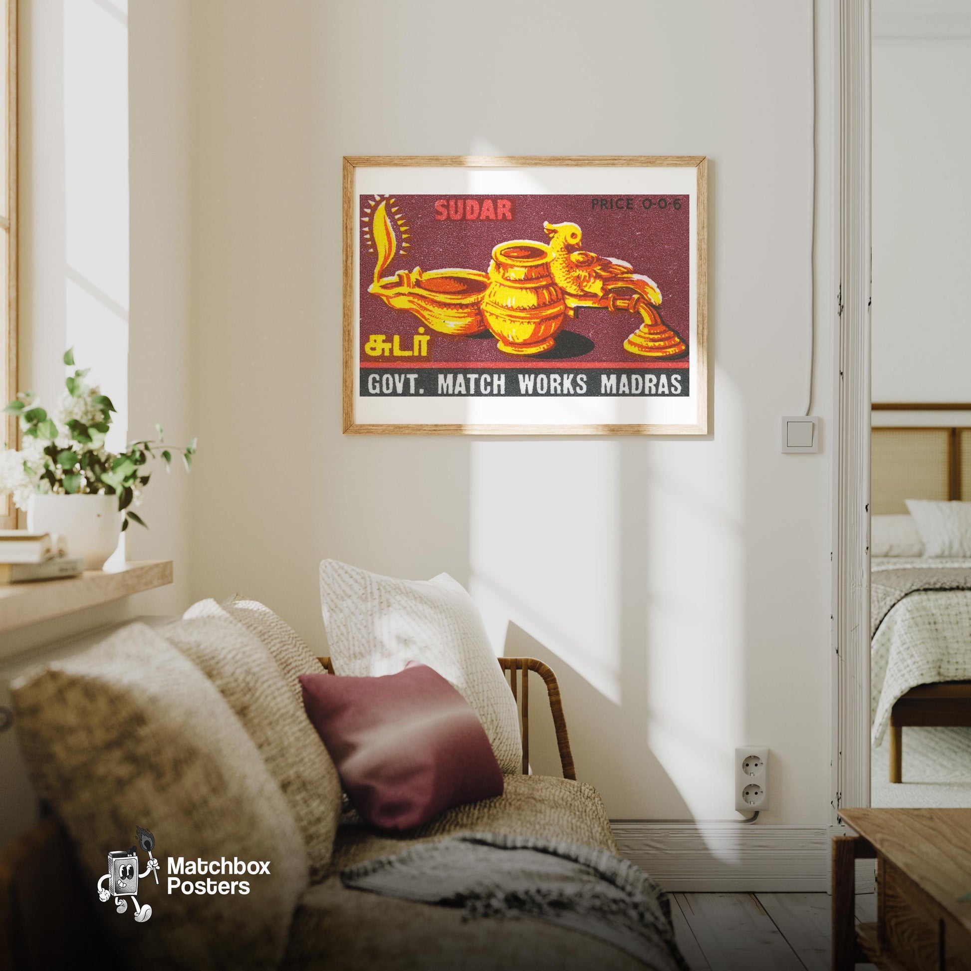 Golden Oil Lamp - vintage matchbox label print - living room mockup